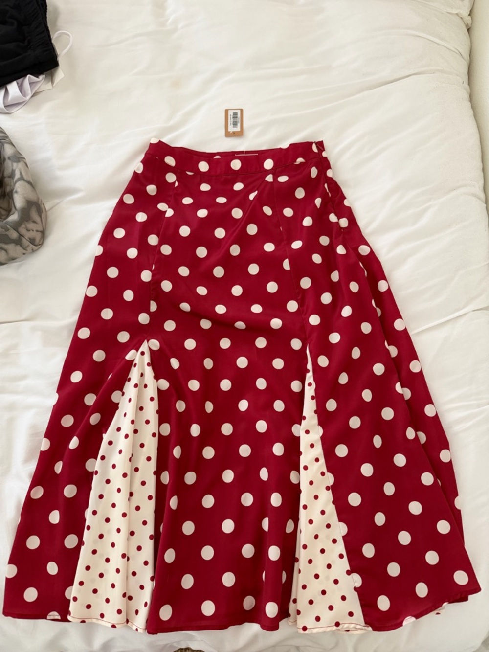 vestique Red Polka Dot Midi Skirt with Cream Insets